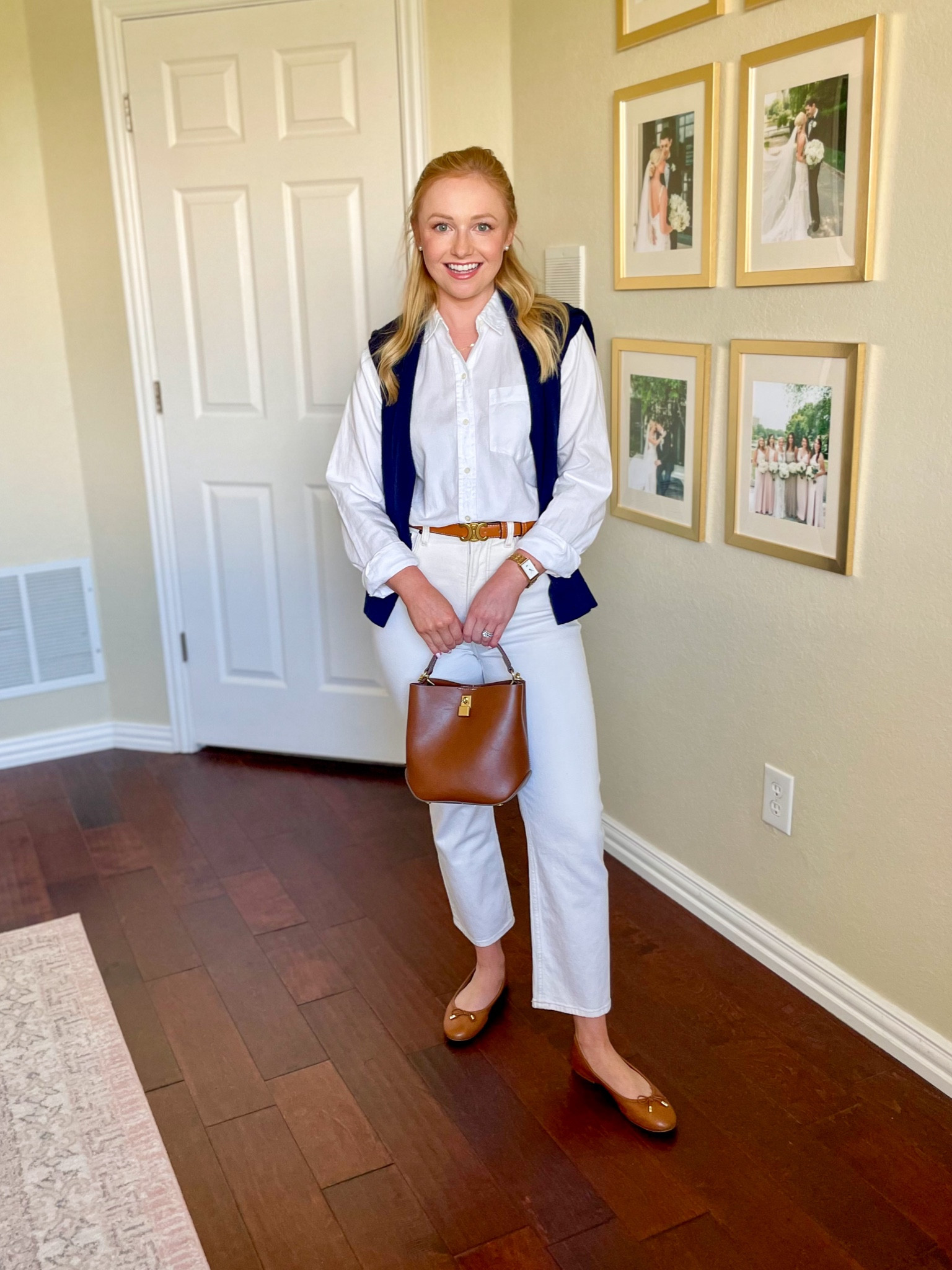 Wearing an XS in top and 26S in jeans | coastal grandmother, spring outfit, white jeans, off white jeans, white button up, casual spring outfit, ballet flats, preppy outfit 

#LTKSeasonal #LTKfindsunder100 #LTKstyletip