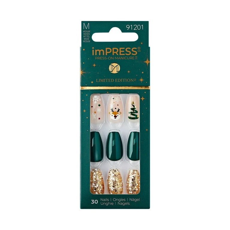 imPRESS Holiday Press-On Nails, Cozy Comfort, Green, Medium Length, Coffin Shape, 30 Ct. | Walmart (US)