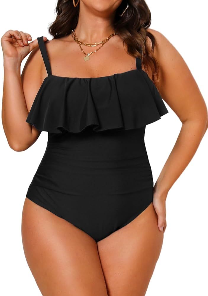 CUPSHE Women Swimsuit Plus Size One Piece Bathing Suit Flowy Ruffle Trim Ruched Front Tummy Contr... | Amazon (US)