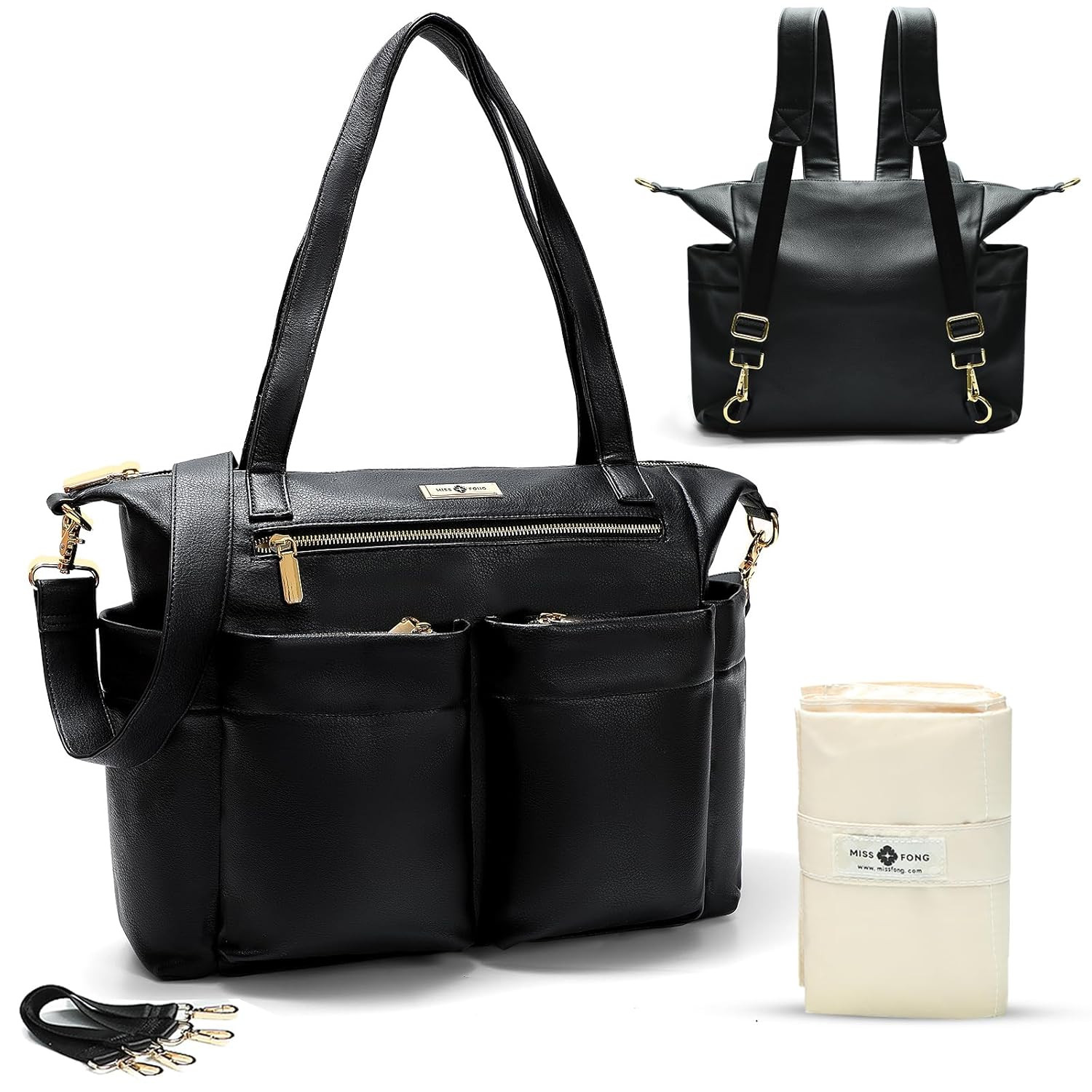 miss fong Diaper Bag Tote Leather Diaper Bag Backpack Pañaleras Para Bebe with 15 Pockets,Leather Diaper Tote with Diaper Changing Pad, Baby Bag for Moms Mommy Bag for Women-Black | Amazon (US)