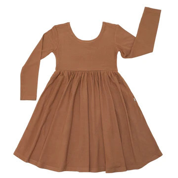 Caramel Ribbed Long Sleeve Twirl Dress | Little Sleepies