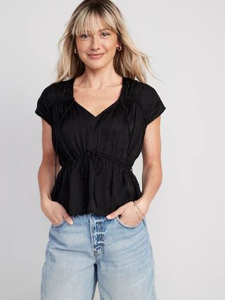 Waist-Defined Satin Shirred Tie-Front Blouse for Women | Old Navy (US)