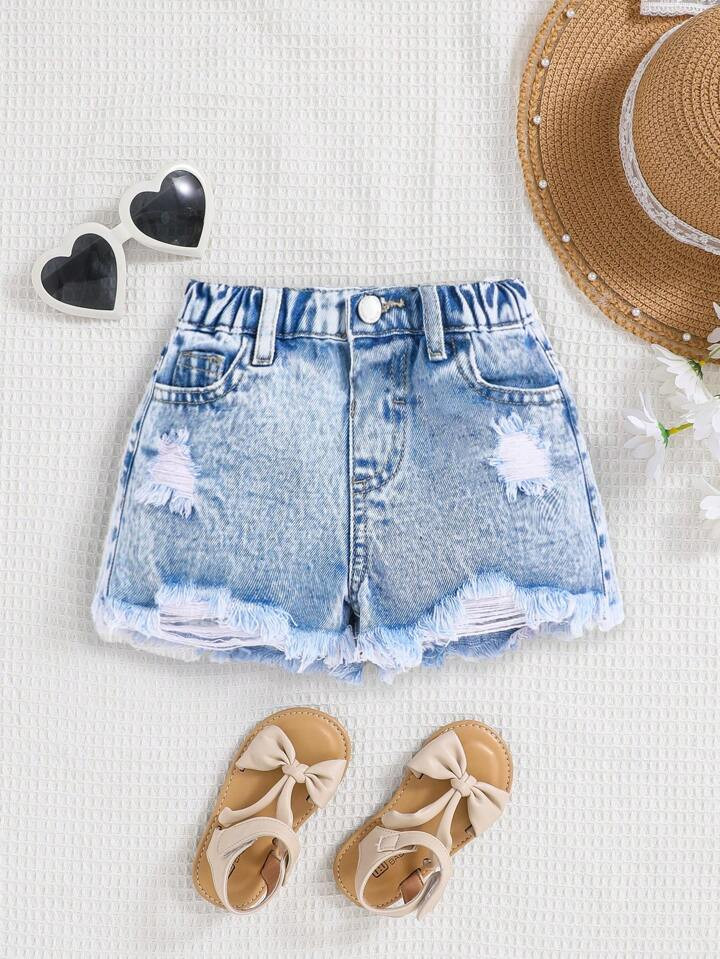 SHEIN Young Girl Y2K Spring Summer Boho Girls Jeans Shorts ,Washed Casual Distressed Denim Shorts... | SHEIN