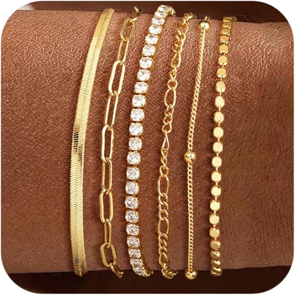 DEARMAY Waterproof Gold Bracelets Set for Women Trendy, Dainty 14K Real Gold Plated Jewelry Fashi... | Amazon (US)
