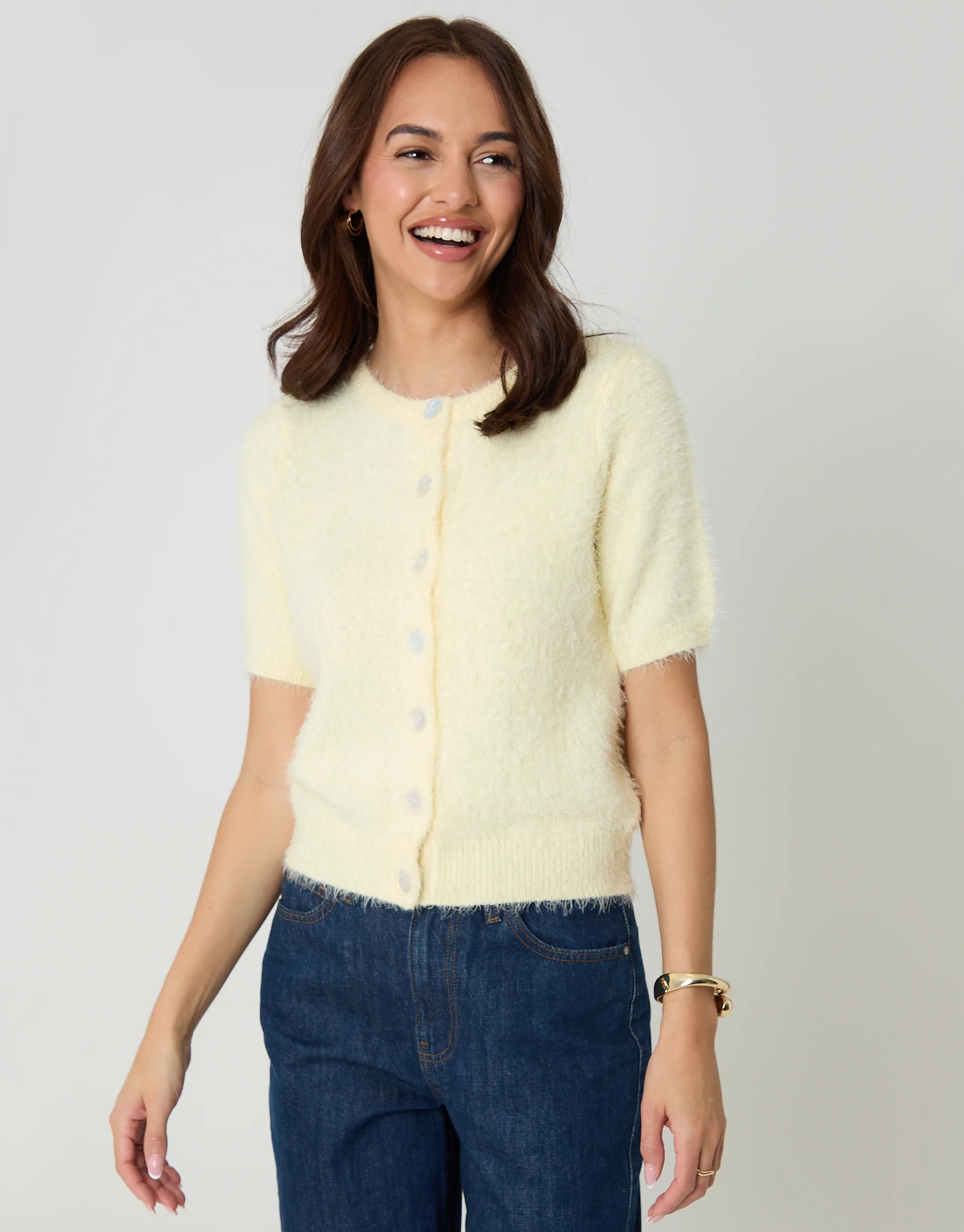 Yellow Eyelash Knit Short Sleeve Cardigan | Threadbare