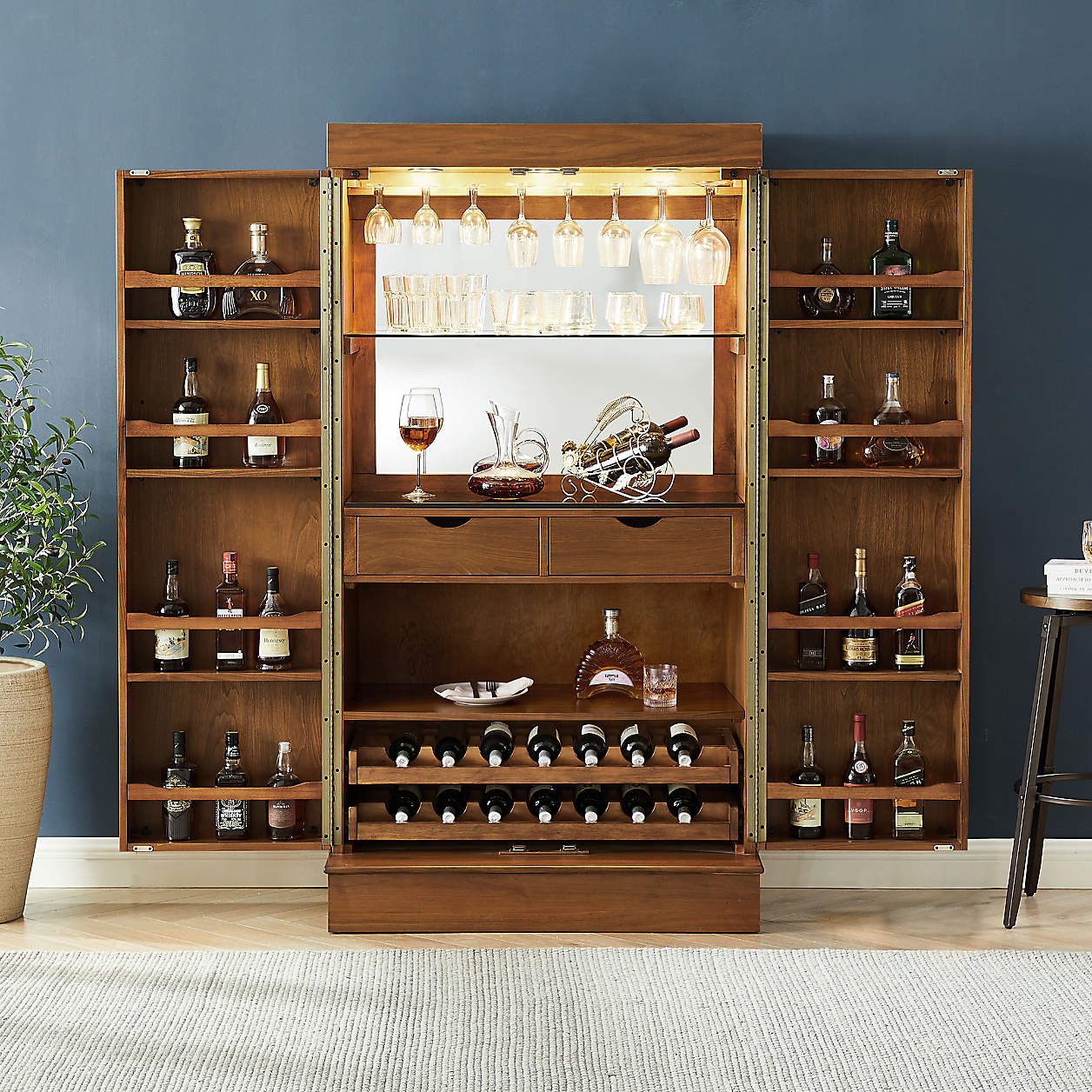 Maxine Large Walnut Wood Wine Bar Cabinet with Storage + Reviews | Crate & Barrel | Crate & Barrel