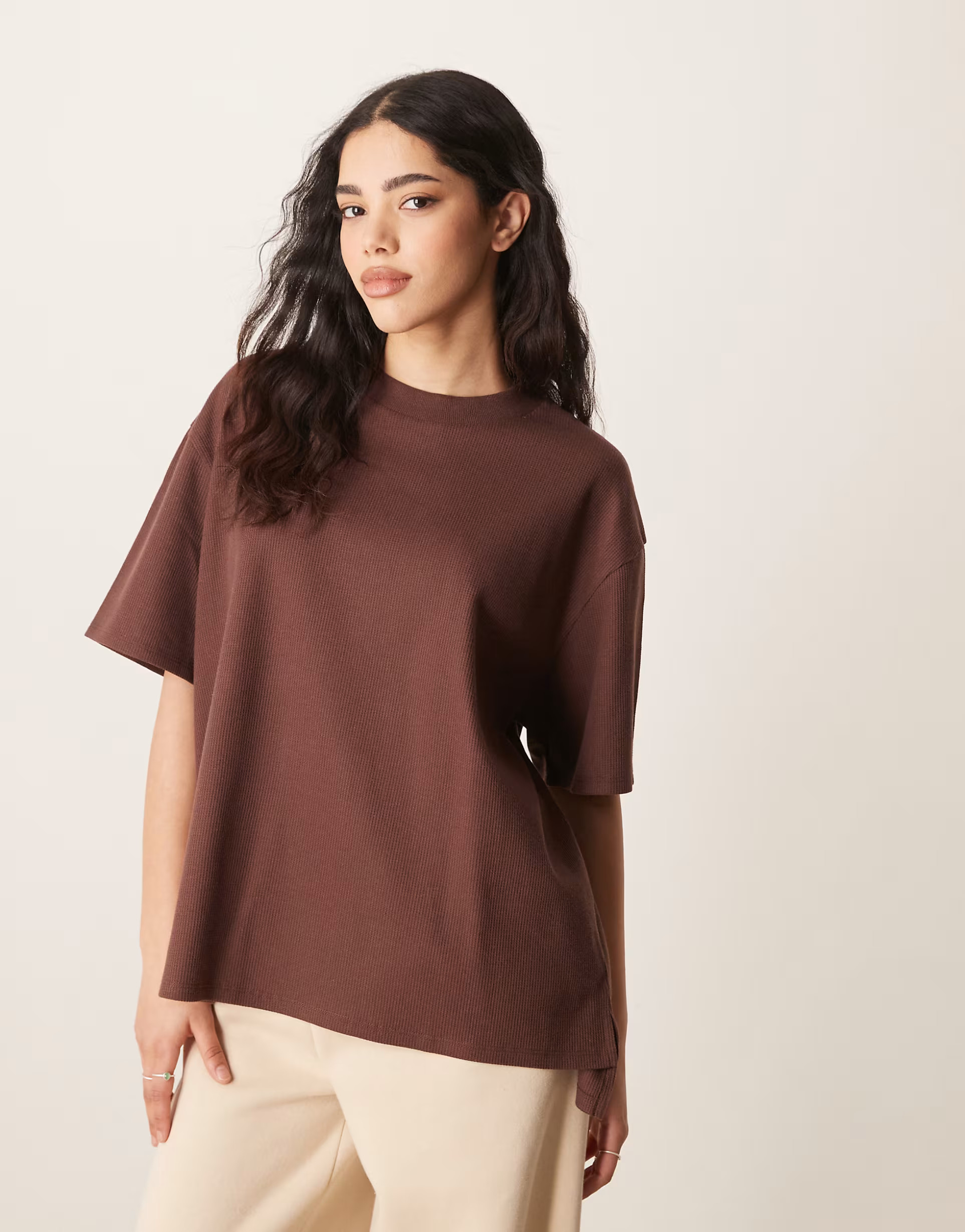 ASOS DESIGN oversized heavy weight t-shirt with side splits in waffle in chocolate | ASOS | ASOS (Global)
