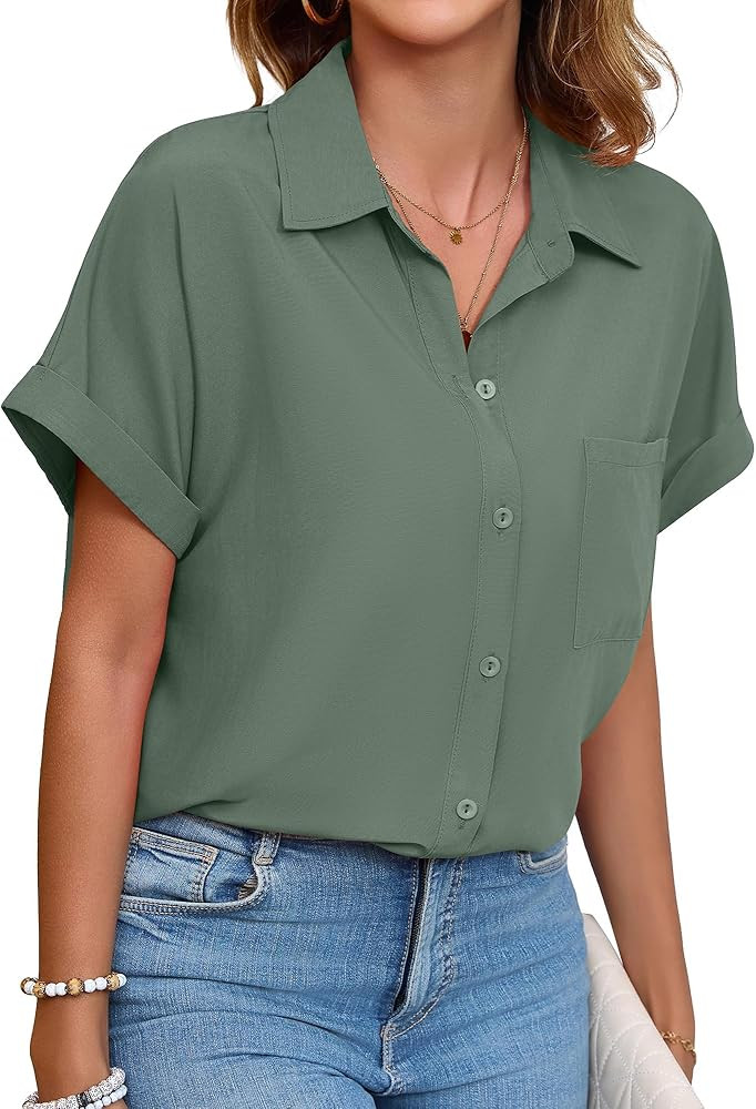 Womens Button Down Shirt Casual Short Sleeve Collared Work Blouse with Pocket | Amazon (US)