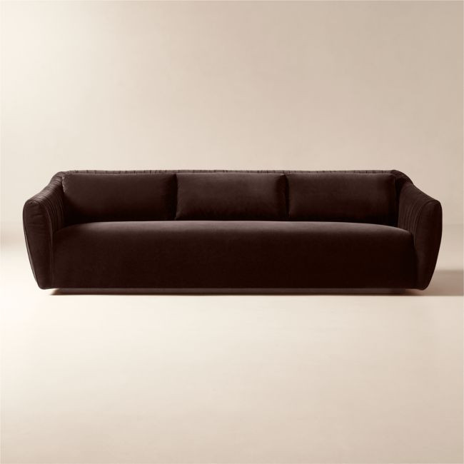 Emile 99"" Dark Brown Ruched Velvet Sofa | CB2