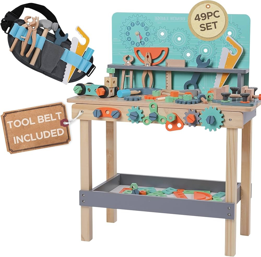 Wooden Toddler Workbench - 49 Piece Toddler Tool Set - Kids Tool Belt Included - Wooden Montessor... | Amazon (US)