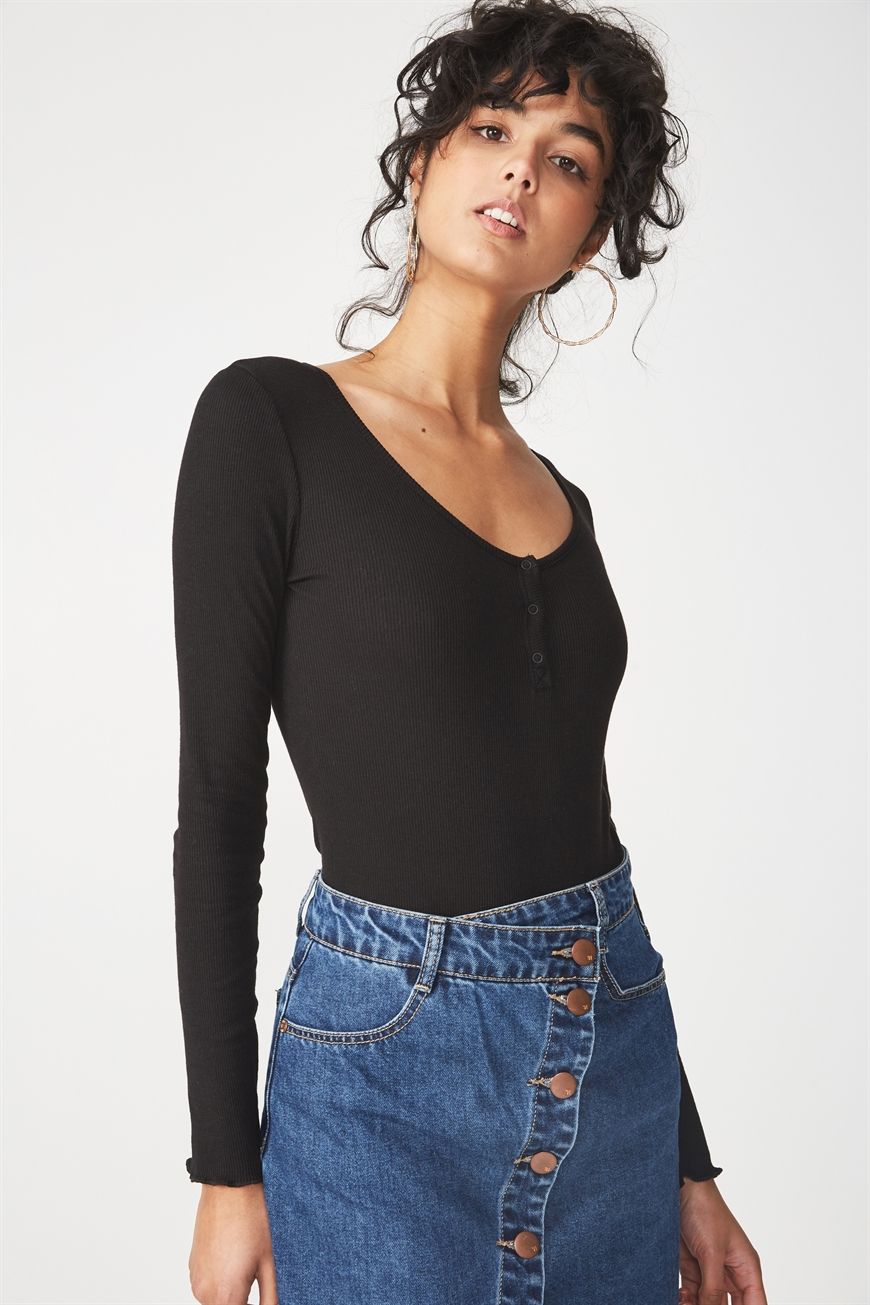 Cotton On Women - Mari-Kate Henley Long Sleeve Bodysuit - Black | Cotton On (US)