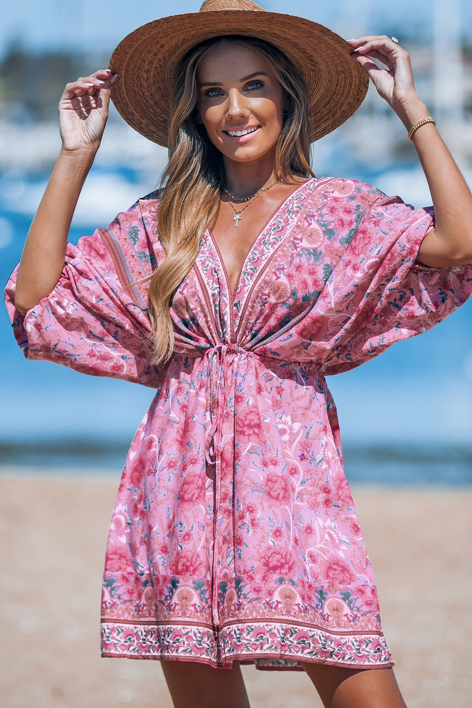 Pink Floral Plunging Blouson Sleeve Mini Dress - M | Cupshe US