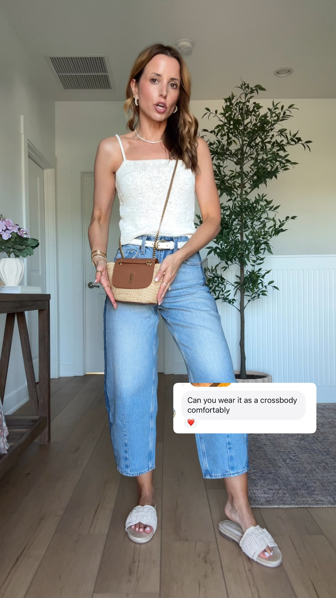 New YSL mini manon raffia purse. Adjustable crossbody straps. Target barrel leg jeans in 00 short. Target sweater top in XS. Neutral slide sandals - whole sizes only. I’m a 6.5 and sized up to a 7! My spring outfit of the day here. Elevated casual outfit. XS in belt. 

#LTKPetite #LTKootd #LTKTravel