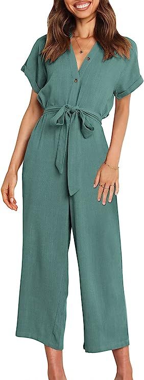 ANRABESS Women's Short Sleeve V Neck Buttons Waist Belt Straight Wide Leg Cropped Jumpsuits Rompe... | Amazon (US)