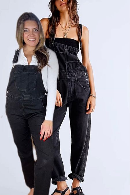 Free people overalls dupe. Look for less. Black straight leg overalls. Overalls fit true to size, but size up if you want a slouchy fit. Amazon overalls less than half the price. 