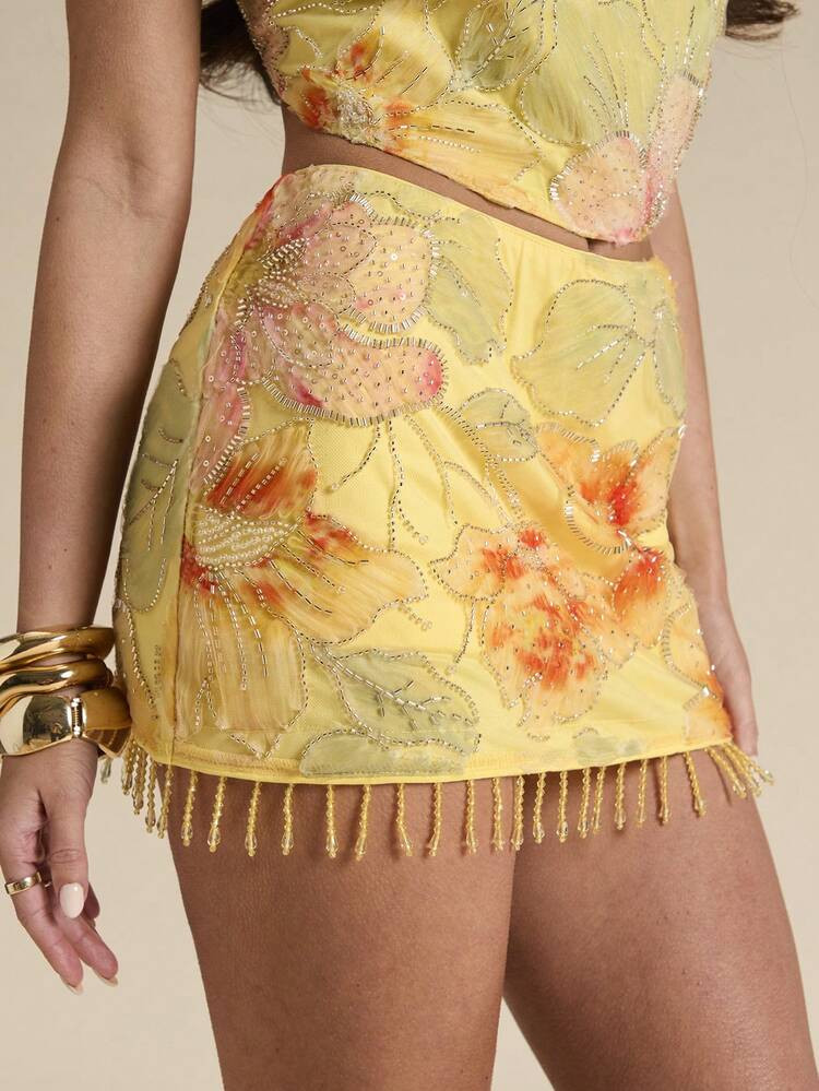 SHEIN BAE Yellow Embellished Sequin & Beaded Floral Low Waist Mini Skirt, Beach Vacation Skirt, Sexy Summer Elegant Cute Skirt, Brunch Skirt, Shiny Summer Skirt, Music Festival Party Skirt | SHEIN