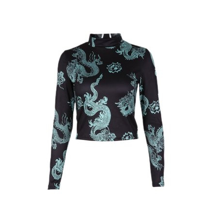 Kiapeise Fashion Clothing Women Crop Tops Fashion Long Sleeve Dragon Print Top Stylish High Collar B | Walmart (US)