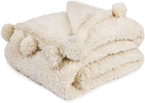 PAVILIA Cream Sherpa Throw Blanket for Couch, Pom Pom | Fluffy Plush Soft Blanket for Sofa Bed | ... | Amazon (US)