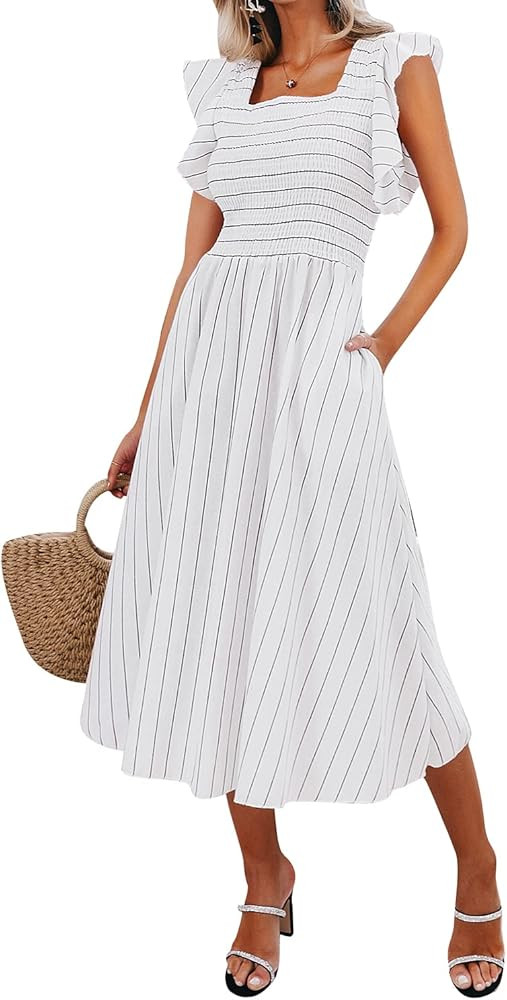 Miessial Women's Striped Linen Long Dress Elegant Ruffle Cap Sleeves Midi Dress | Amazon (US)