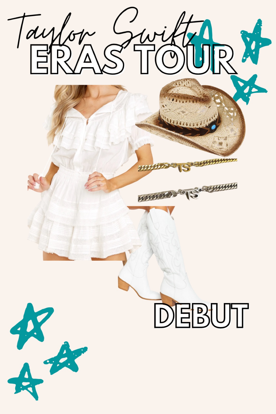 Taylor Swift DEBUT Era outfit idea for Taylor Swift’s Eras Tour 🤍 Bring on the country Taylor flair with cowgirl boots & a cowboy hat! I think an all white look makes it extra country chic.🤠

Linked similar necklace choices. The ones pictured are from ResinRina online.✨ She makes the BEST gifts for the Swiftie in your life. I love shopping small when I can! 

#LTKfamily #LTKshoecrush #LTKGiftGuide