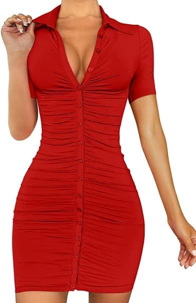 DAAWENXI Women Summer Sexy Short Sleeve Ruched Button Night Out Mini Club Shirts Dress | Amazon (US)