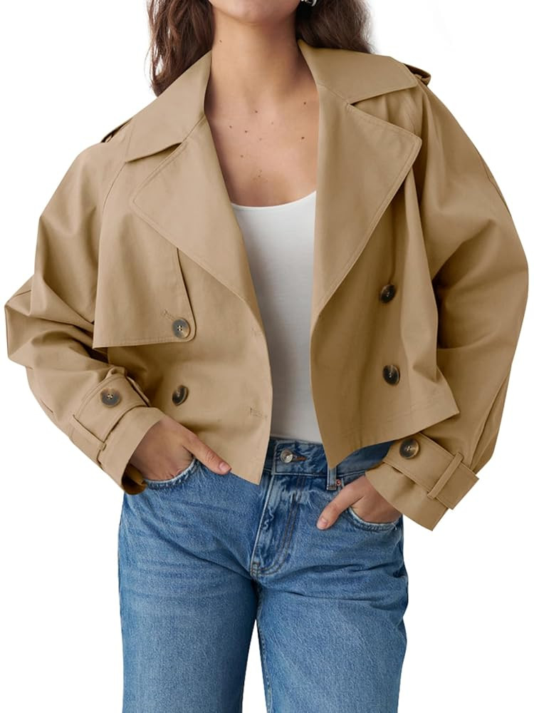 Tankaneo Womens Cropped Trench Coat Lapel Double Breasted Short Jacket Outwear | Amazon (US)