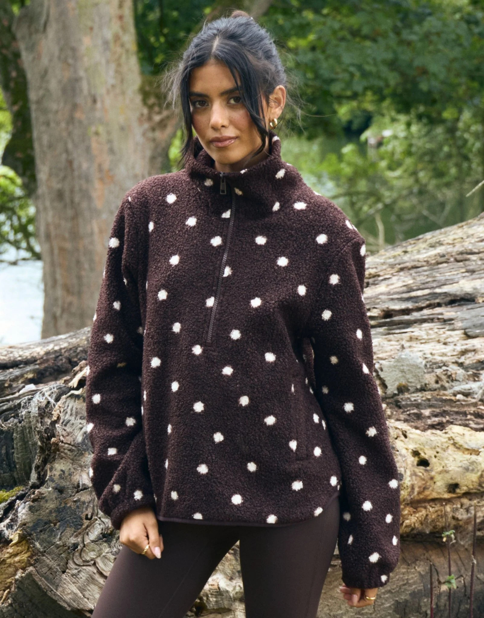 Quarter Zip Fleece in Chocolate Brown Polka Dot | Threadbare UK