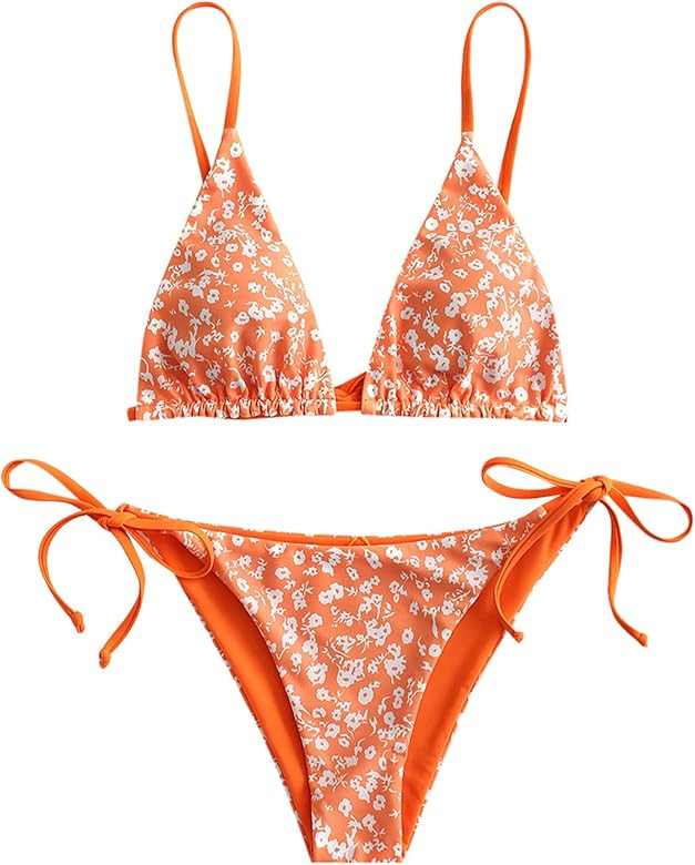 ZAFUL Women's Triangle Bikini Floral String Bikini Set Two Piece Swimsuit Bathing Suits | Amazon (US)