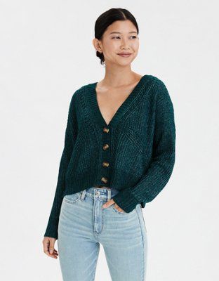 AE Button Up Boxy Cropped Cardigan | American Eagle Outfitters (US & CA)