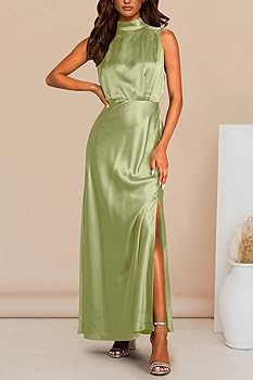 PRETTYGARDEN Women's Summer Long Formal Satin Dress Mock Neck Sleeveless Side Slit Flowy Maxi Tan... | Amazon (US)
