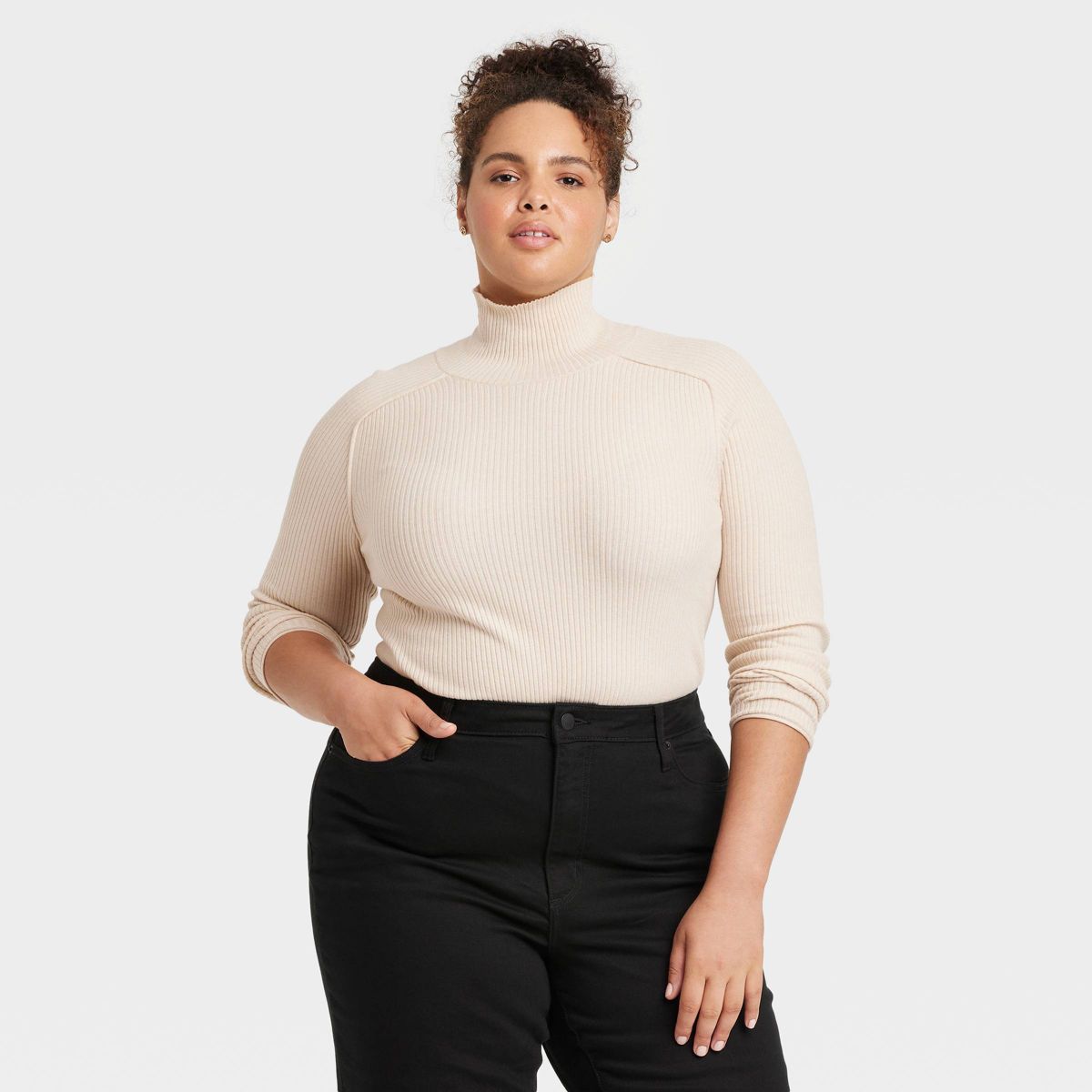Women's Shrunken Rib Turtleneck Pullover Sweater - Universal Thread™ Tan 1X | Target