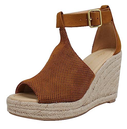 City Classified Women's Peep Toe Perforated Ankle Strap Espadrilles Wedge | Amazon (US)