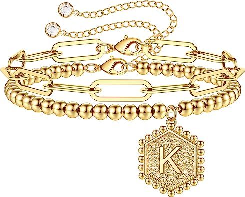 IEFWELL Gold Initial Bracelets for Women, 14K Real Gold Silver Rose Gold Plated Beaded Bracelets ... | Amazon (US)