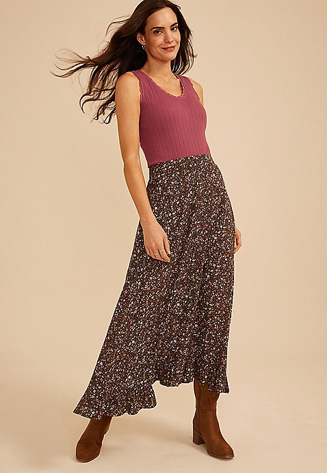 Floral High Rise Button Front Ruffle Hem Maxi Skirt | Maurices