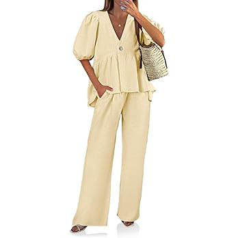 Tankaneo Womens 2 Piece Linen Sets Summer Vacation Outfits V Neck Puff Sleeve Babydoll Tops Wide ... | Amazon (US)