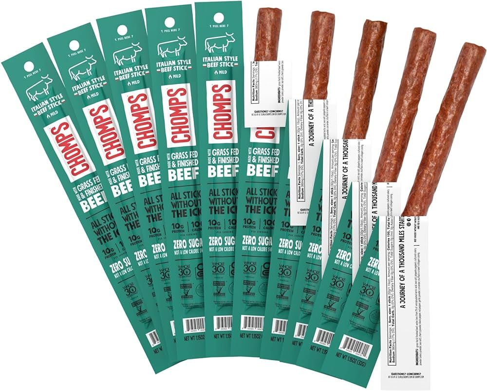 Chomps Grass-Fed and Finished Italian Beef Jerky Snack Sticks 10-Pack - Keto, Paleo, Whole30, 10g... | Amazon (US)