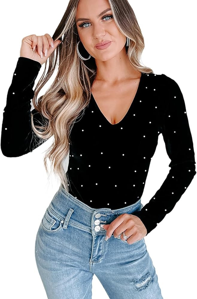 Elegant Pearl Beaded Bodysuit: Black Velvet, Long Sleeve, V-Neck | Amazon (US)