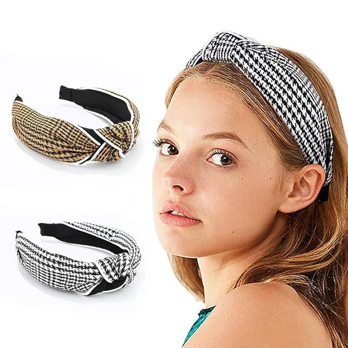 Woeoe Knotted Headbands Black Houndstooth Hair Bands Wide Fashion Plaid Hair Hoop Accessory for W... | Amazon (US)