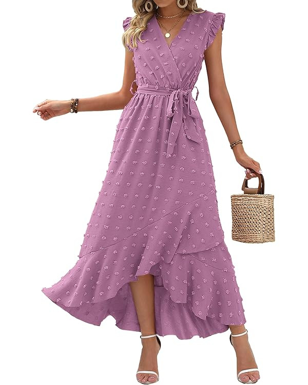BTFBM Women's 2024 Summer Wrap V Neck Dress Ruffle Sleeve Swiss Dot Boho Ruffle Slit Beach Party ... | Amazon (US)