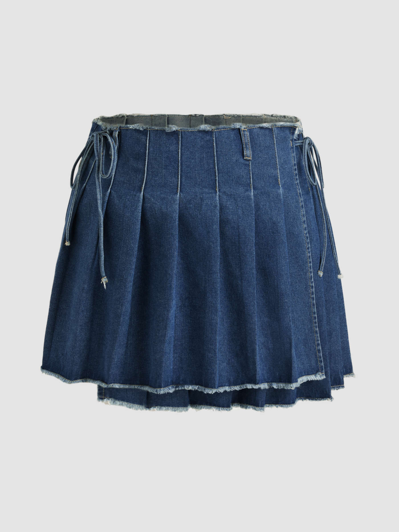 Denim Washed Raw Hem Pleated Knotted Mini Skirt Curve & Plus | Cider