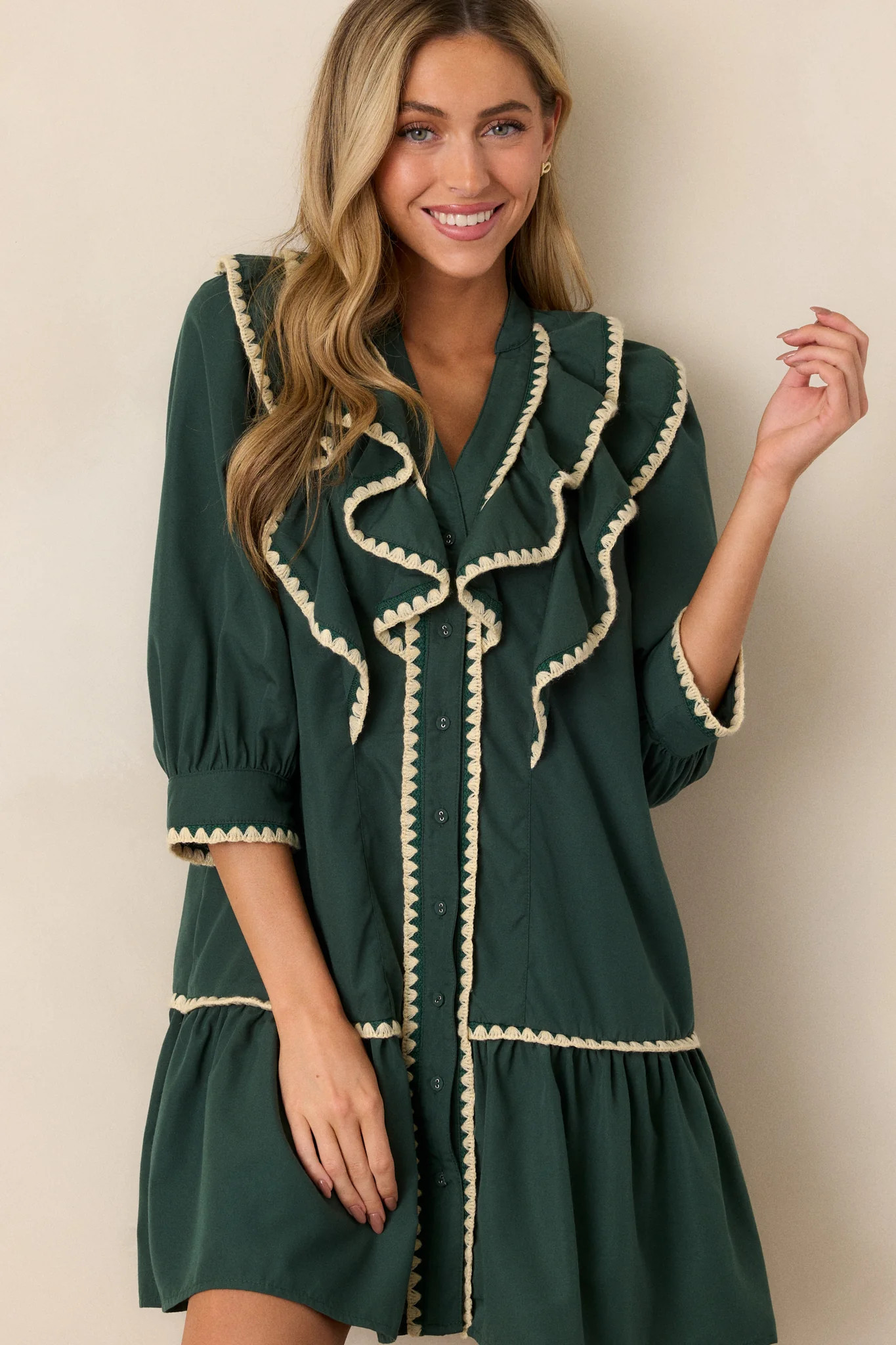 Just Because Green Ruffle Mini Dress | Red Dress