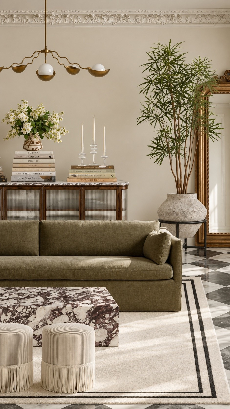 This living room design has me swooning!

floor mirror, green sofa, marble coffee table, checkerboard floor, crown moulding, Roman clay walls,

#LTKSeasonal #LTKhome #LTKVideo