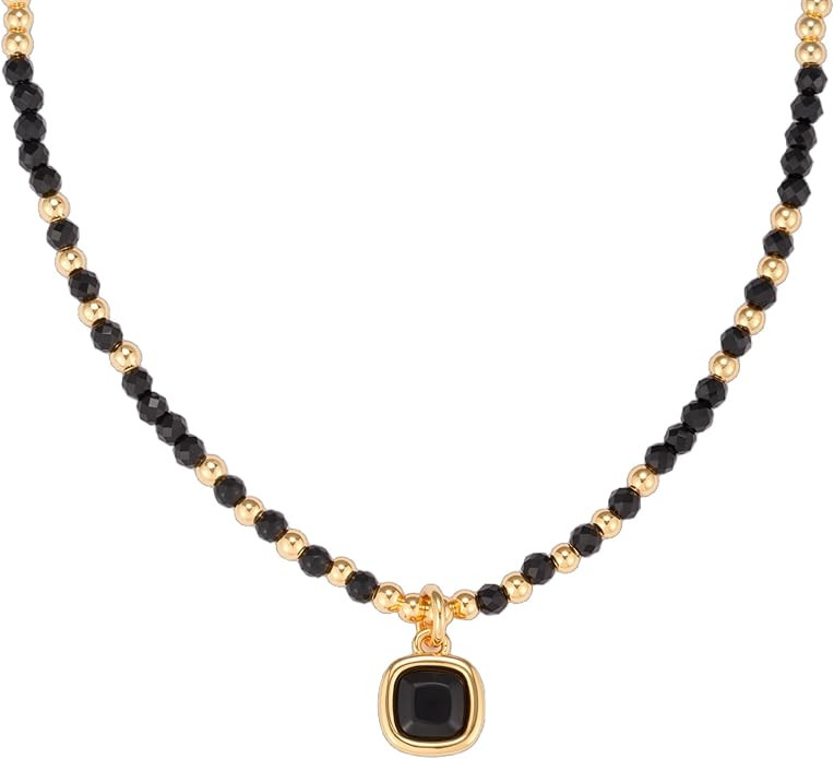 Black Crystal Pendant Necklace 18k Gold Plated Gemstone Beaded Chain Adjustable 17.7" Choker Neck... | Amazon (US)