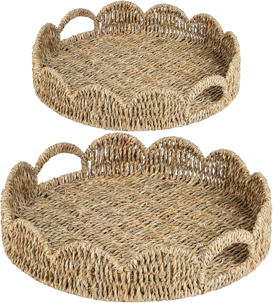 Scalloped Serving Tray, 2-Pack Scalloped Woven Round Table Decor Tray, Wicker Rattan Basket Tray ... | Amazon (US)