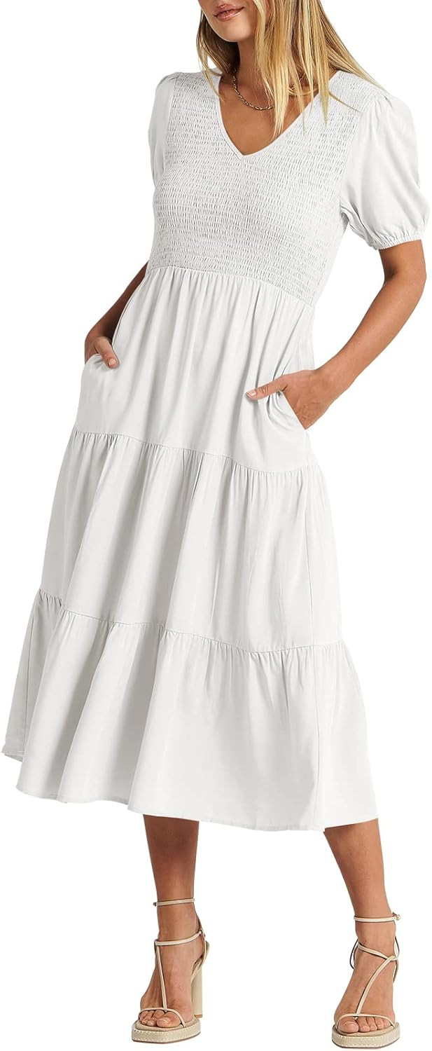 ANRABESS Women's Summer Puff Short Sleeve V Neck Smocked Tiered Swing A Line Beach Midi Dress wit... | Amazon (US)