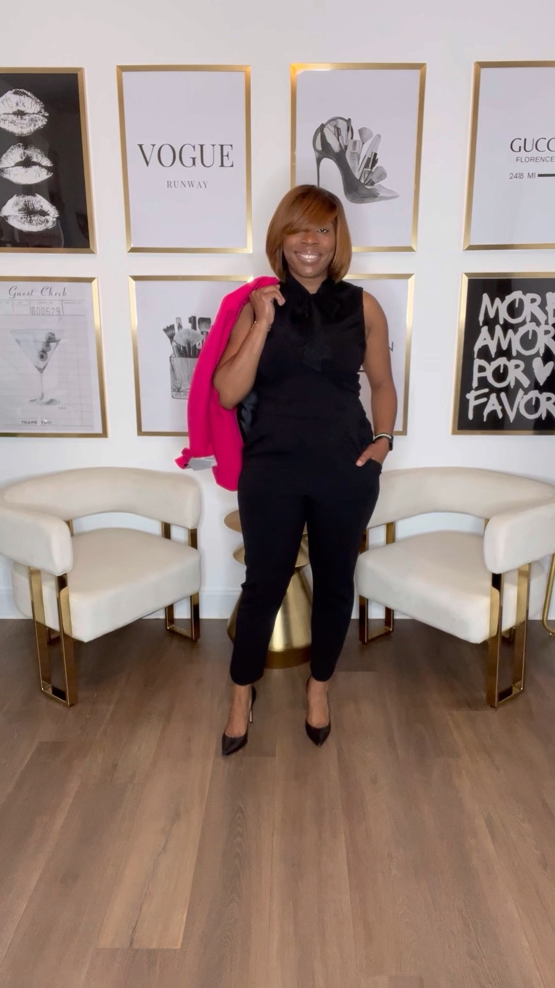 Elevate your style game with this effortlessly chic ensemble. Pairing a sweetheart neckline strapless black jumpsuit with a delicate Swiss dot tie neck blouse exudes sophistication. Add a pop of color with a hot pink blazer, classic black pumps, elegant gold accessories, and a neutral lip for the perfect finishing touch. Embrace the power of fashion to make a statement!

#LTKOver40 #LTKWorkwear