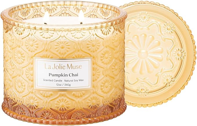 LA JOLIE MUSE Pumpkin Chai Candle | Spicy Chai & Vanilla | 12 oz Double Wick Soy Candle | 60 Hour... | Amazon (US)