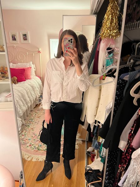 Christmas Eve, holiday party, Christmas, velvet pants, white button down, white shirt with feathers, feather shirt, velvet pants, velvet bag, bow bag, black booties, NYE party, New Year’s Eve , shirt with feathers, NYE outfit idea, NYE, black ankle booties, black ankle boots, heeled boots 

#LTKHoliday #LTKstyletip #LTKSeasonal