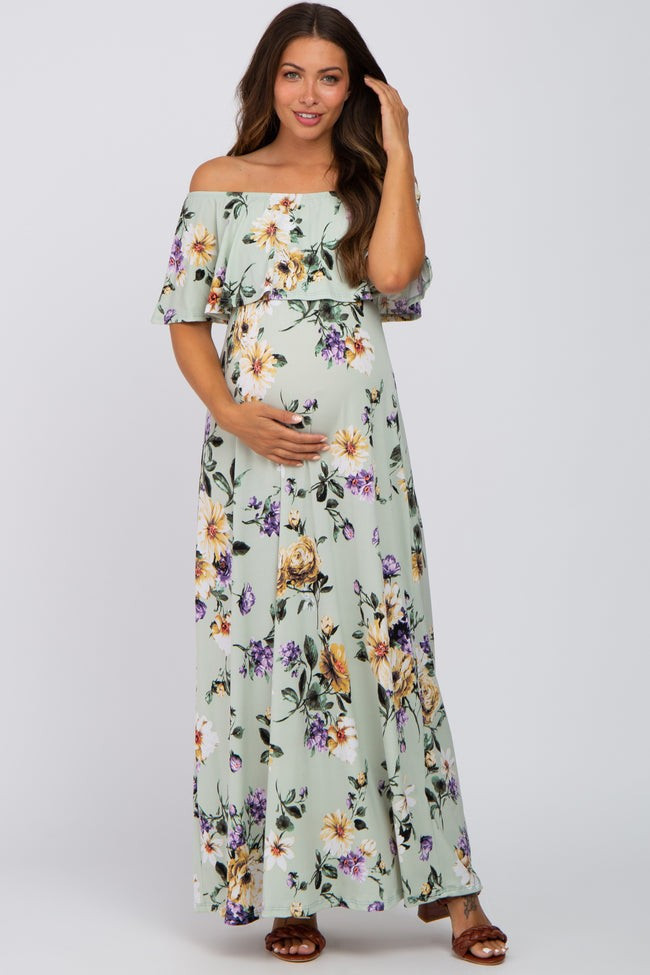 Sage Floral Off Shoulder Maternity Maxi Dress | PinkBlush Maternity