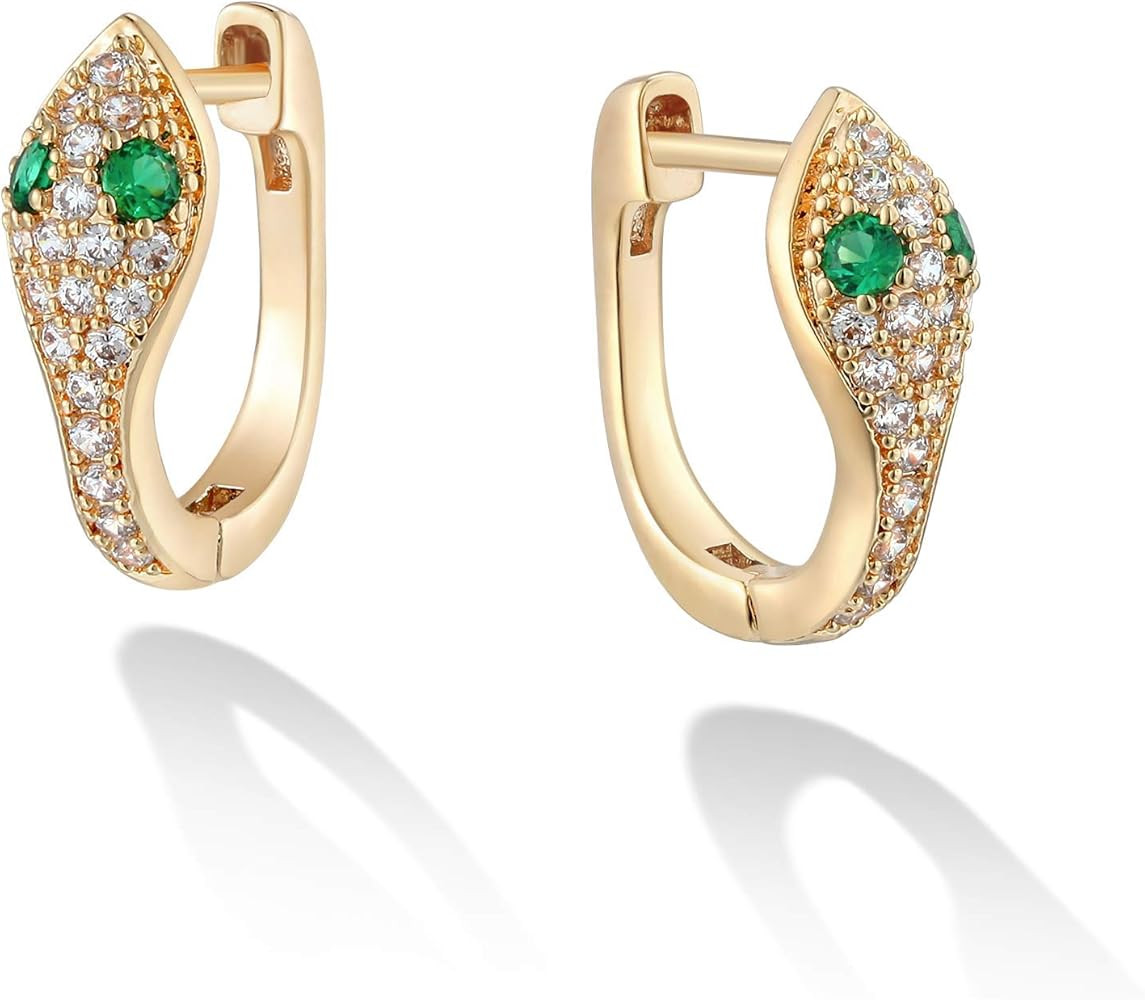 VACRONA Gold Hoop Earrings Huggie Earrings for Women 14k Gold Plated Small Hoops Green Snake Shel... | Amazon (US)